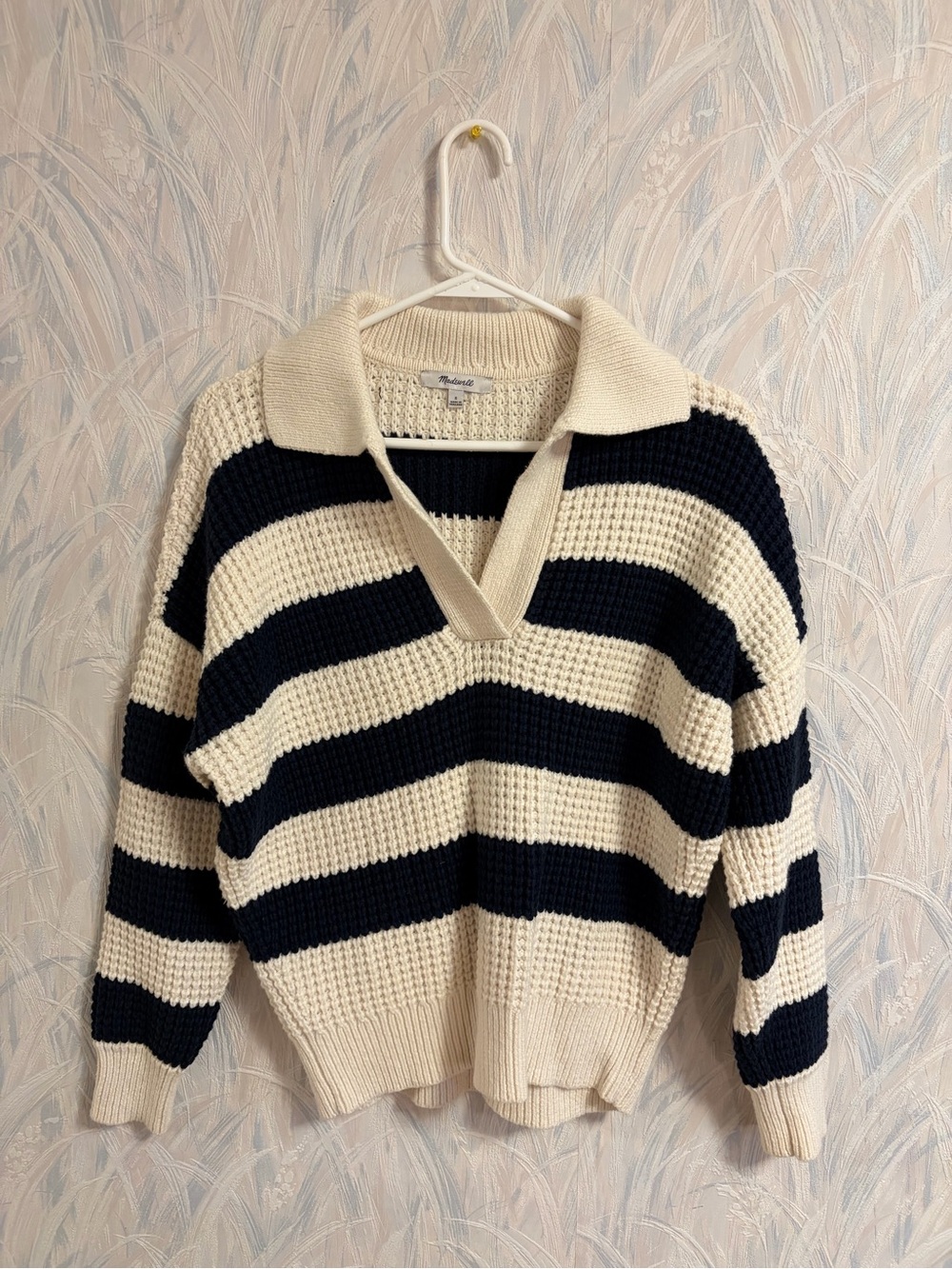 Madewell Navy Blue and Cream Striped Collared V-Neck Sweater